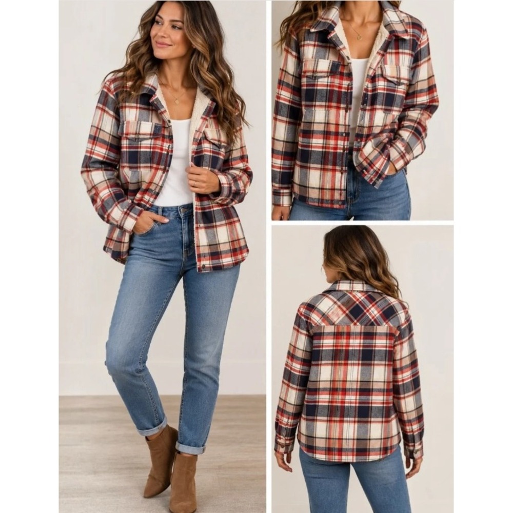 Altar'd State Sherpa Lined Plaid Flannel Shirt Jacket Womens M Burgundy Western